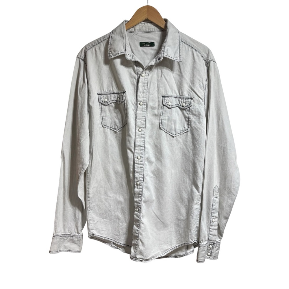 Zara Man Grey Denim Western Pearl Snap Shirt Long‎ Sleeve Cotton Mens Large #753